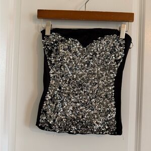 Silver Sequin Strapless Bustier Top Bebe